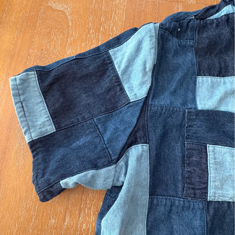Patchwork Short Sleeve Two-Tone Denim Button-Up S… - image 5
